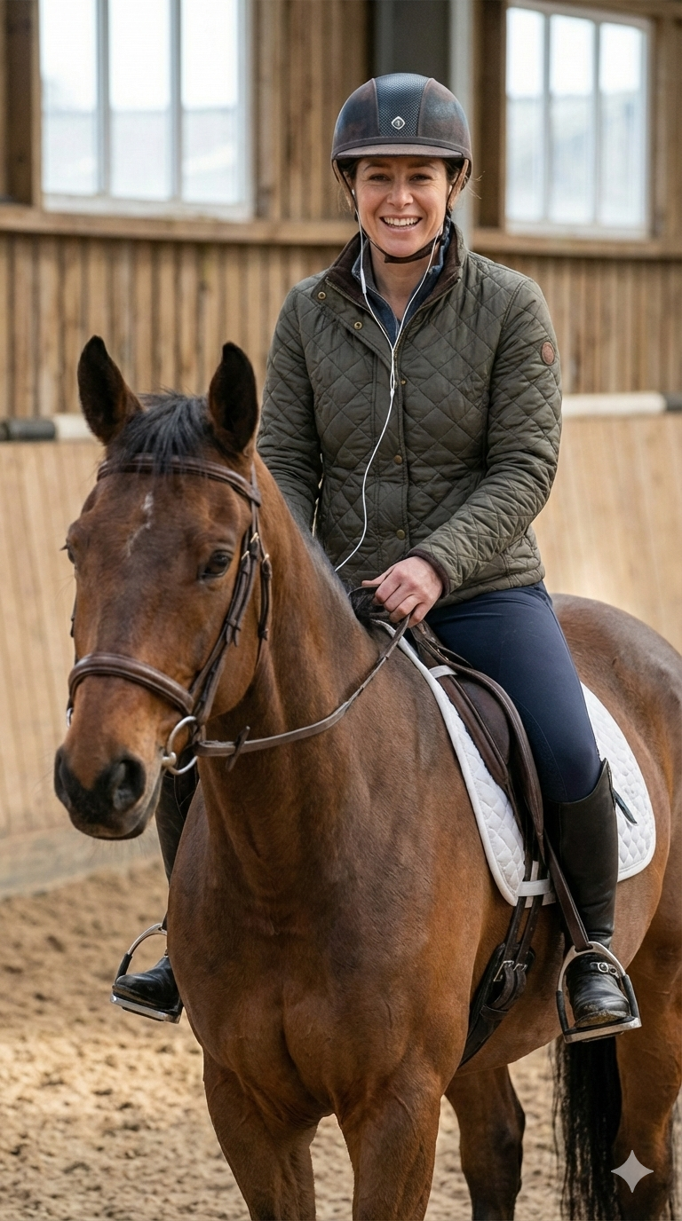 Happy rider enjoying audio lessons while riding